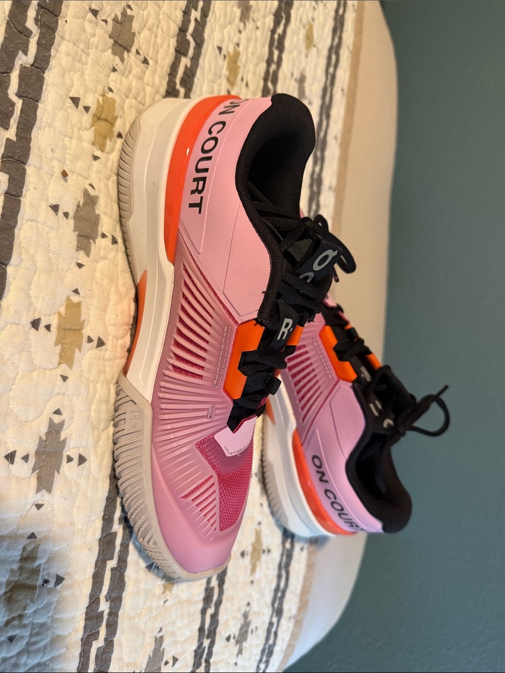 On Running Women's Pink Orange Black Court Sneakers